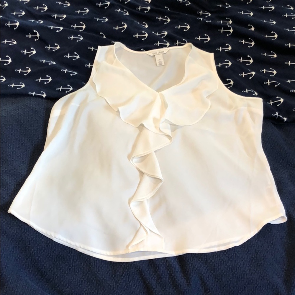 White silk blouse with front ruffle